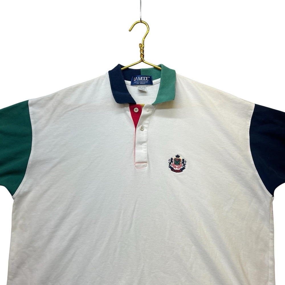 Vintage 90s Color Block Polo Shirt USA Made Crest Rugby Preppy Men's XL White